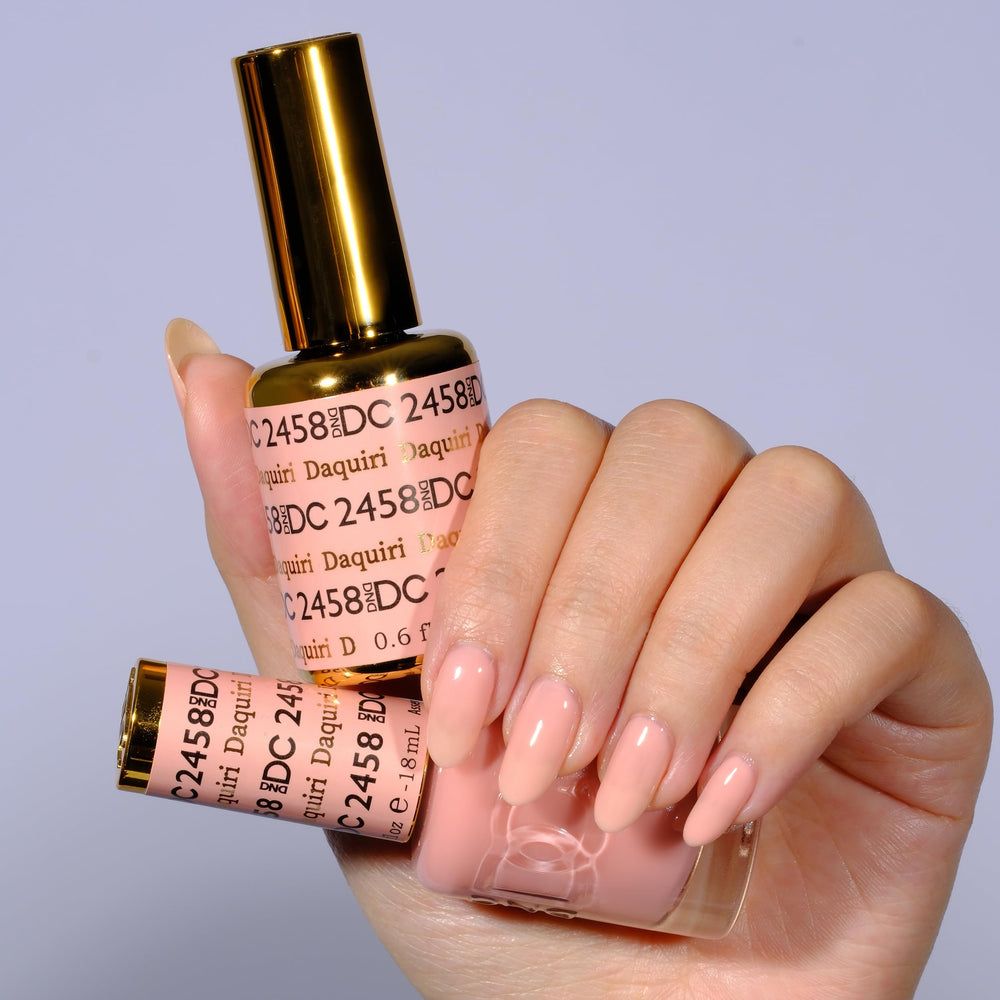 Daisy DND DC Gel Polish Daiquiri 2458 color swatch highlights customizable sheer coverage.
