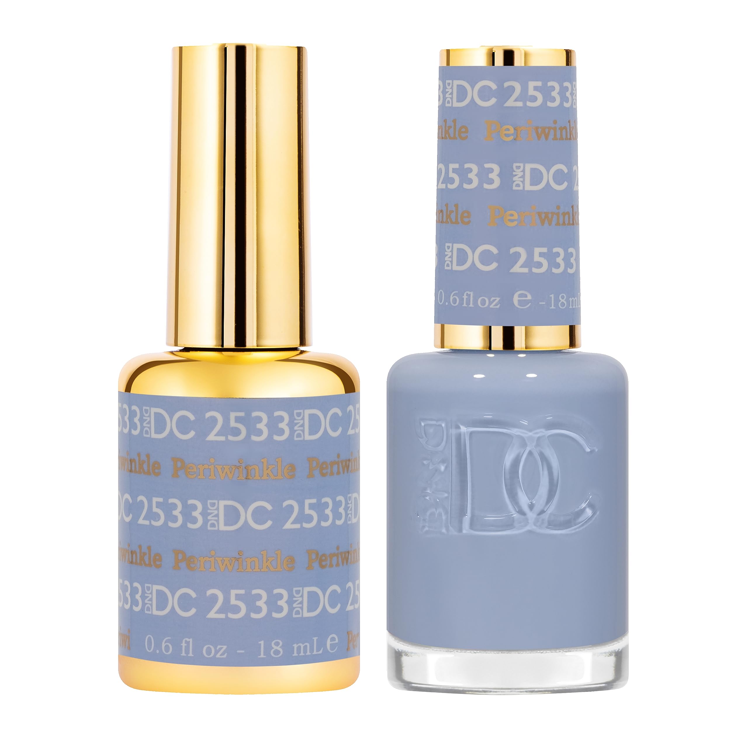 Daisy DND DC Gel Polish Periwinkle 2533 bottle close-up highlighting long-lasting gloss.