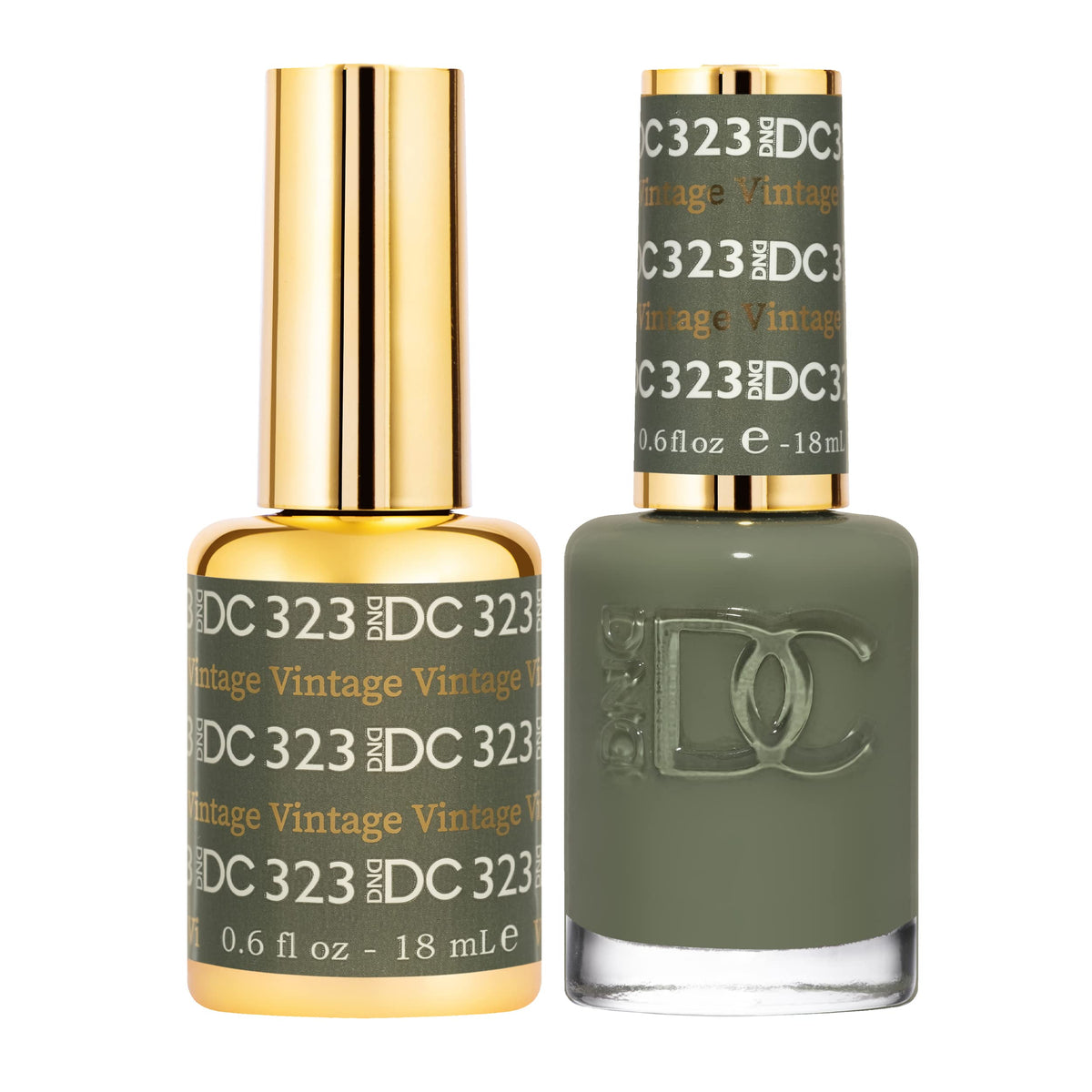 Daisy DND DC Gel Polish Set Vintage 323 bottle-front olive green shade for long-lasting color