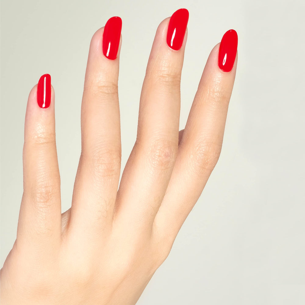 DAISY DND Ferrari Red lacquer bottle to match gel shade for a seamless manicure.