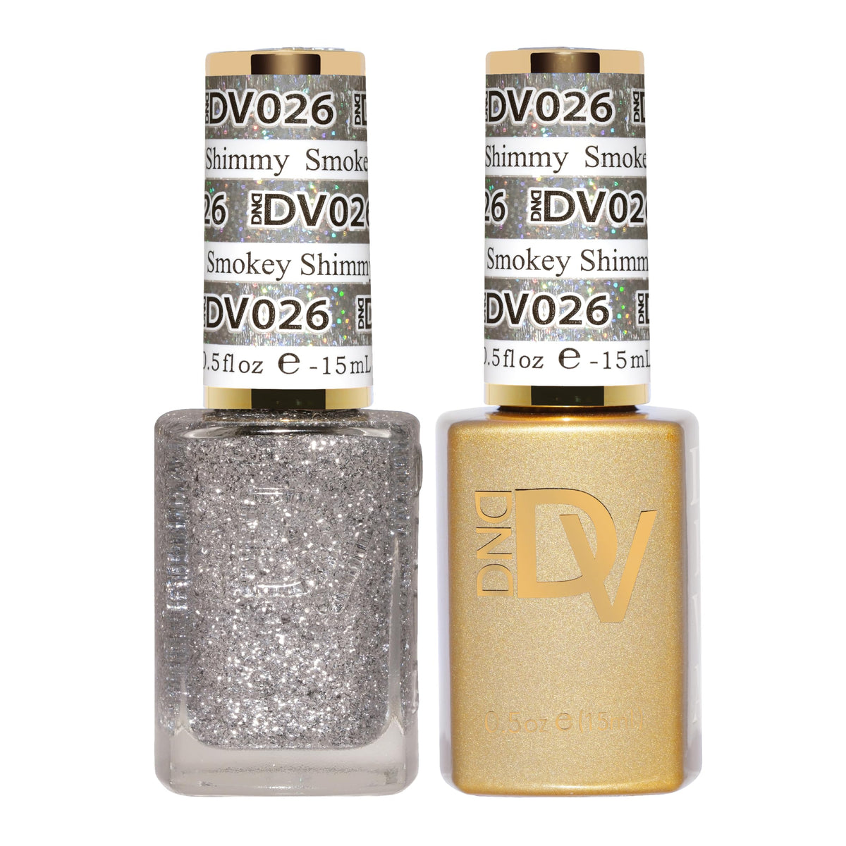 Daisy DND Gel Diva Smokey Shimmy bottle showcases metallic silver glitter for dramatic shine.