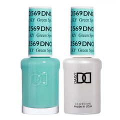Daisy DND Green Spring 569 gel polish bottle showing mint shade and glossy finish.