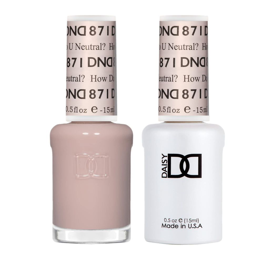 DAISY DND How Do U Neutral 871 nude sheer bottle highlights natural tint.