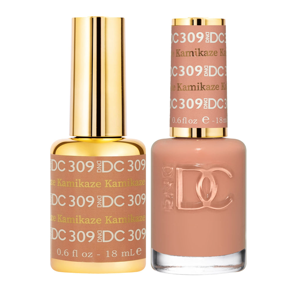 Daisy DND Kamikaze 309 gel polish bottle with peach undertones for at-home nails.