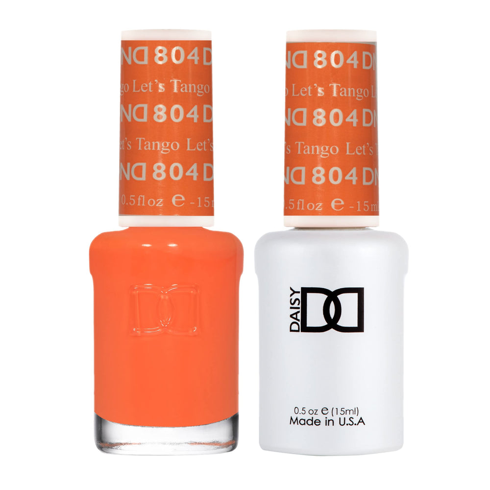 Daisy DND Let's Tango gel bottle close-up shows vibrant orange shade for long-lasting color.