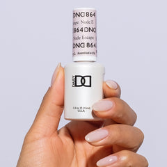 Daisy DND Nude Escape lacquer bottle paired with gel polish for long-lasting manicure.