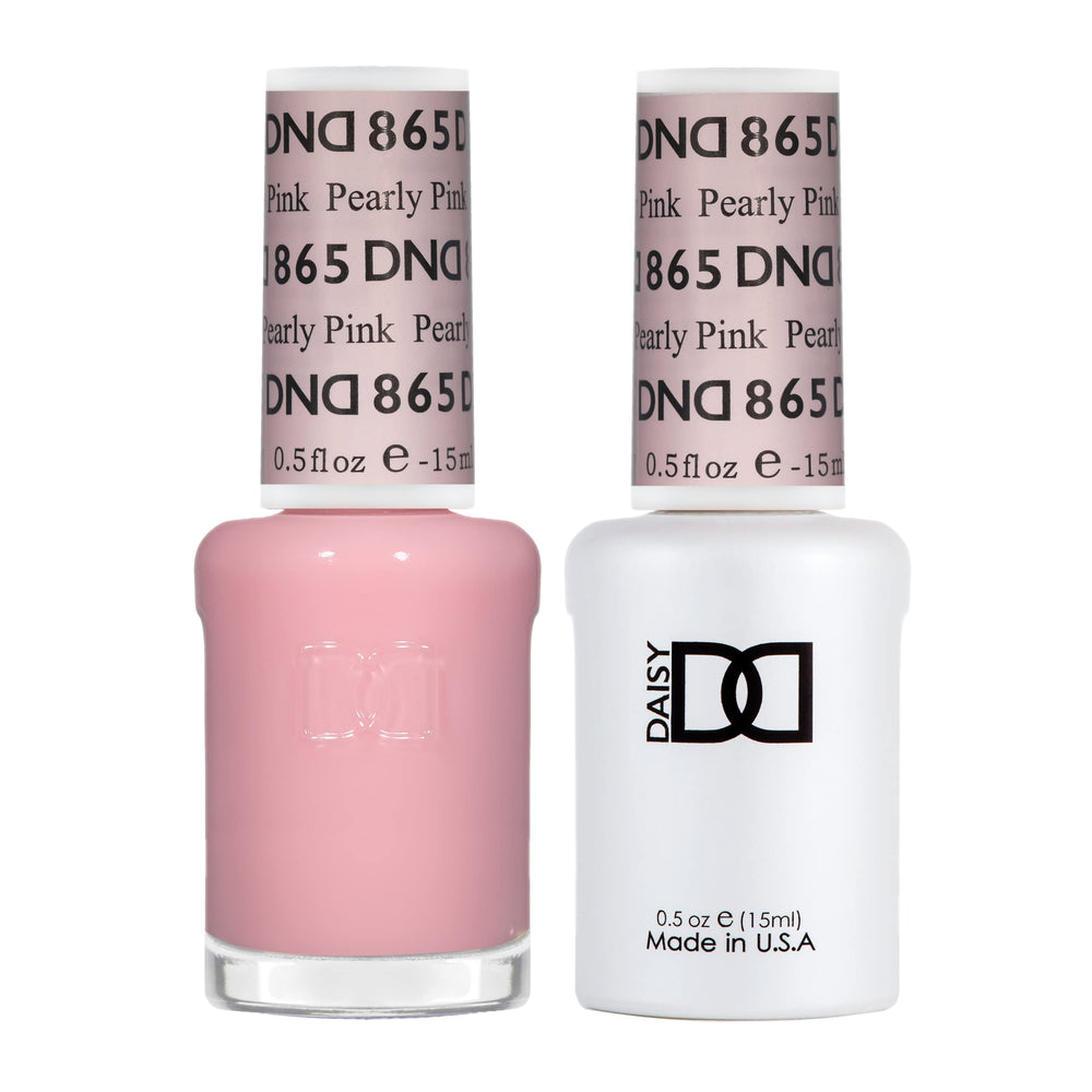 Daisy DND Pearly Pink gel polish bottle with a pearly sheer finish and long wear.