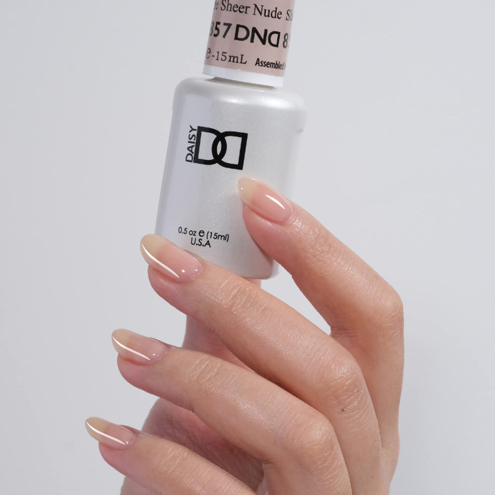 Daisy DND Sheer Nude 857 lacquer bottle adds glossy color.