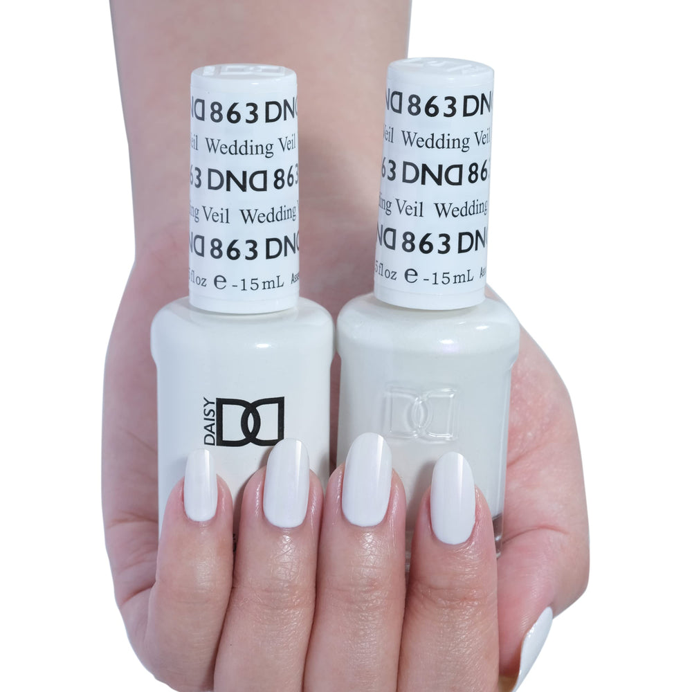 DAISY DND wedding veil 863 gel polish close-up with rich white base.