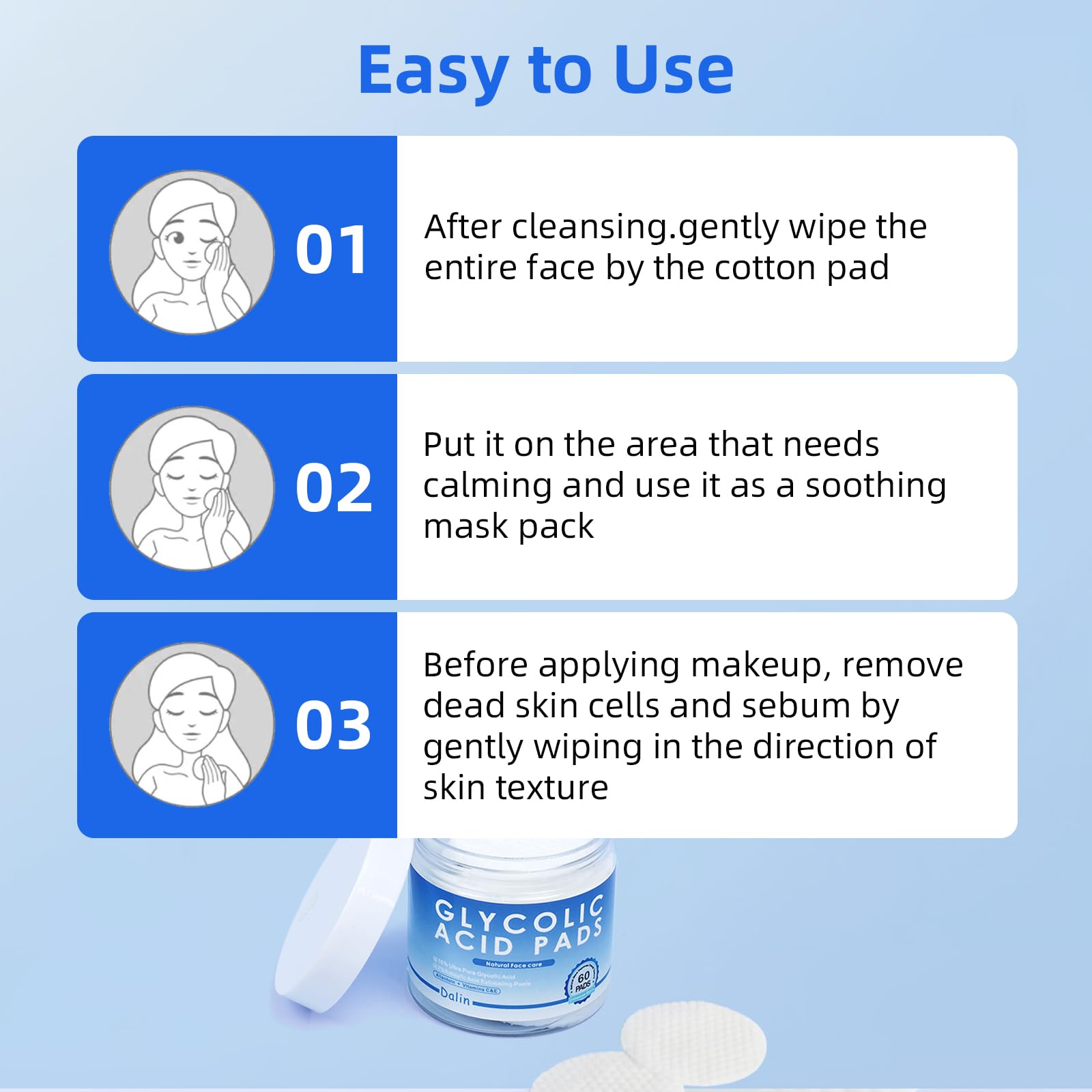 Evening routine featuring Dalin Glycolic Pads as a step