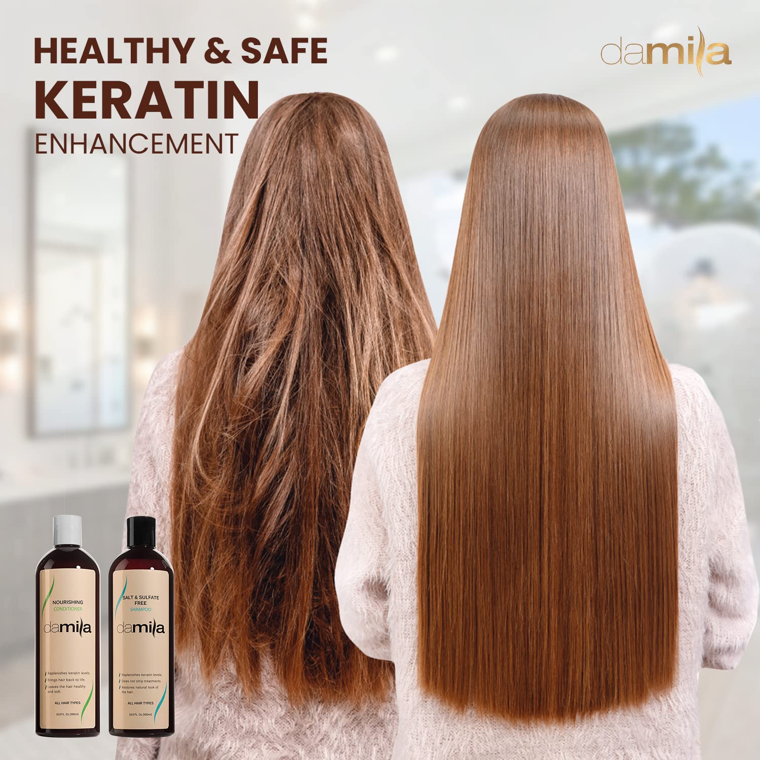 Damila color-treated hair gloss shot emphasizing color-safe hydration.