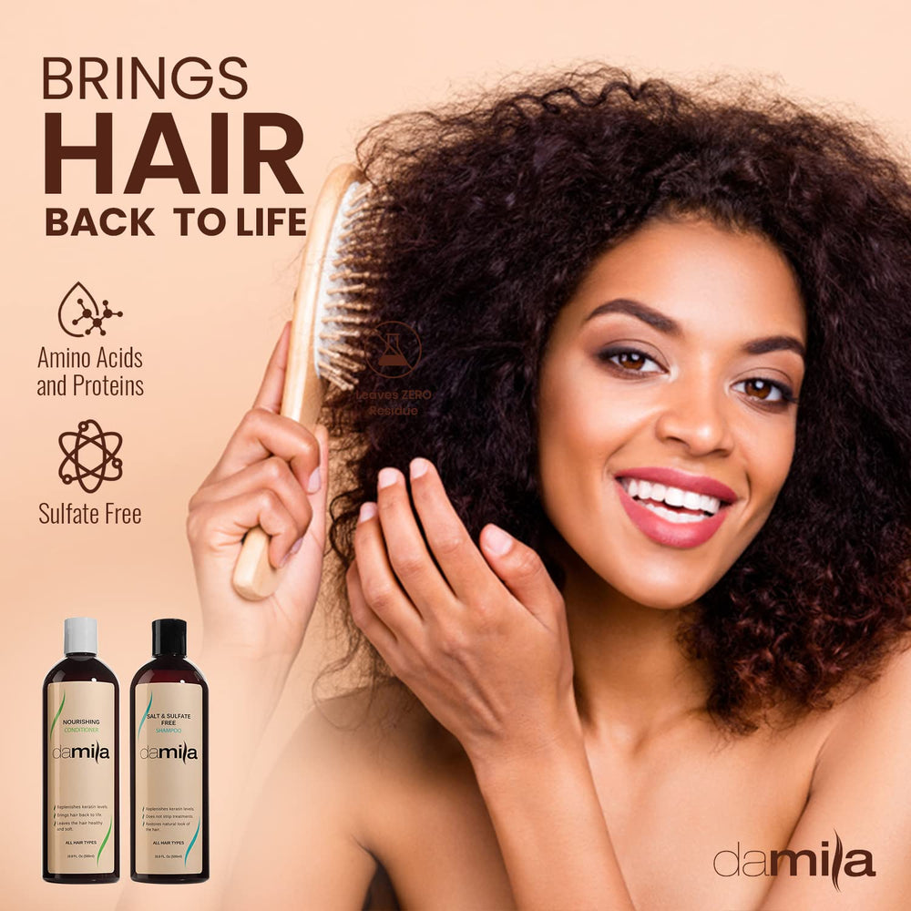 Damila conditioner being applied to damp hair for smooth, manageable results.