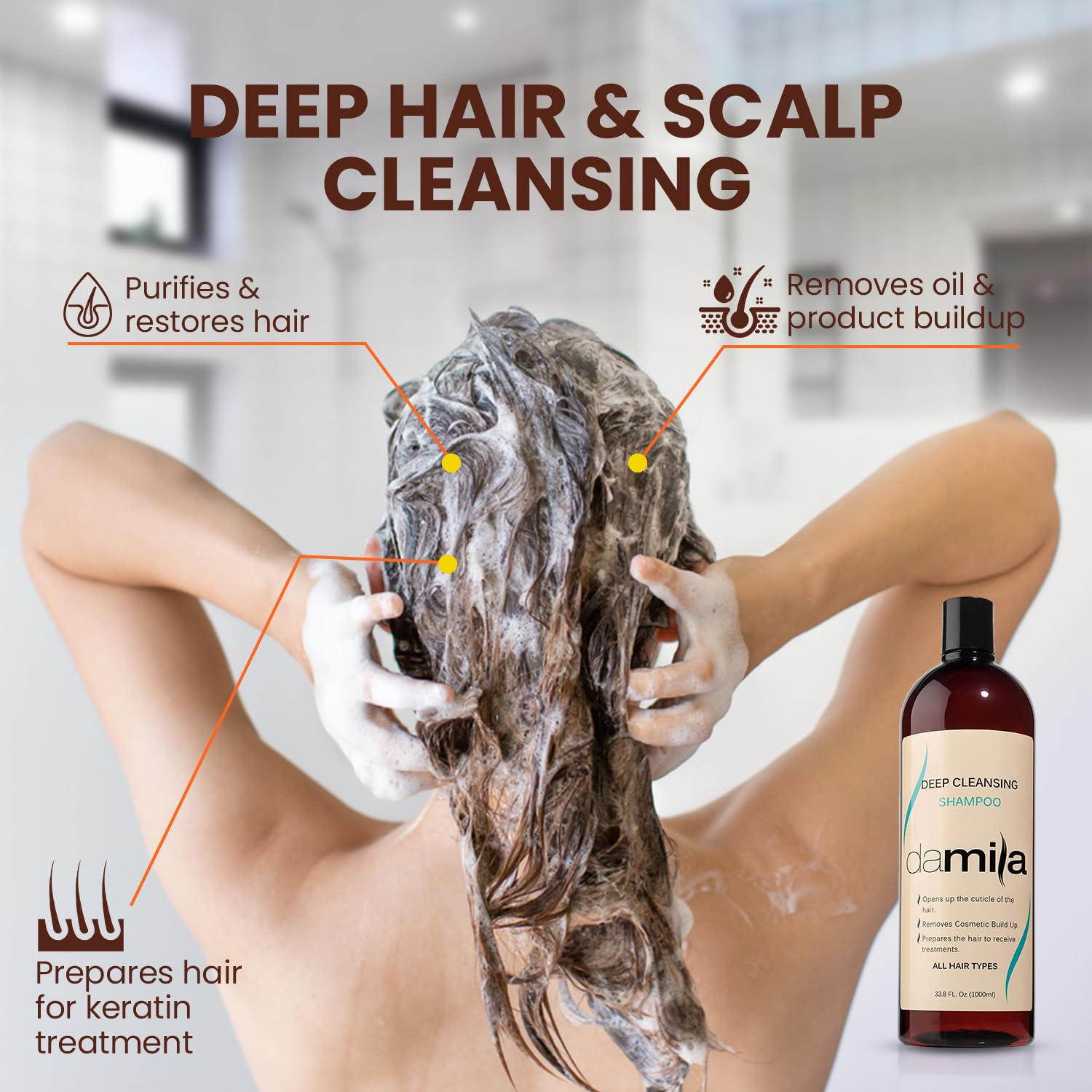 Damila Deep Cleansing Shampoo residue removal close-up highlights impurity dissolution