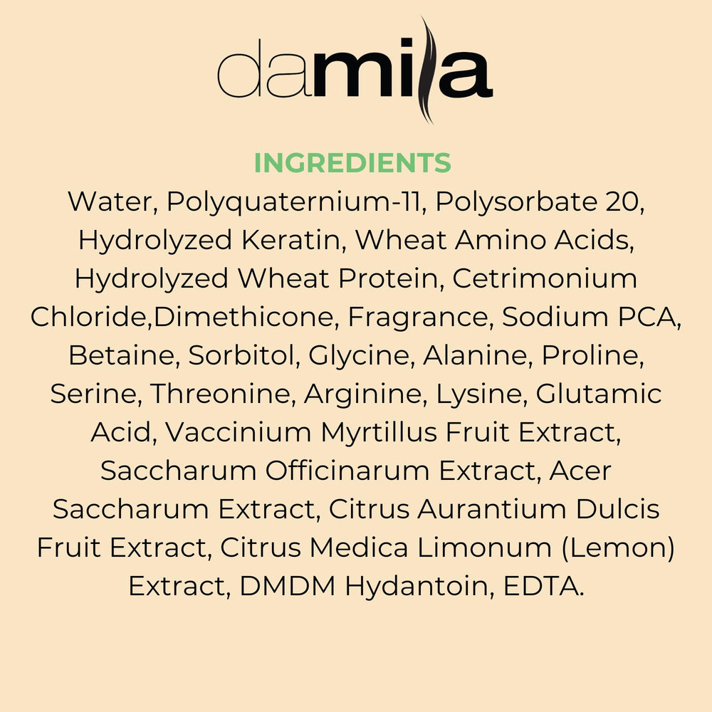 Damila Keratin Leave-In Conditioner Spray bottle in use during a hair care routine for detangling.