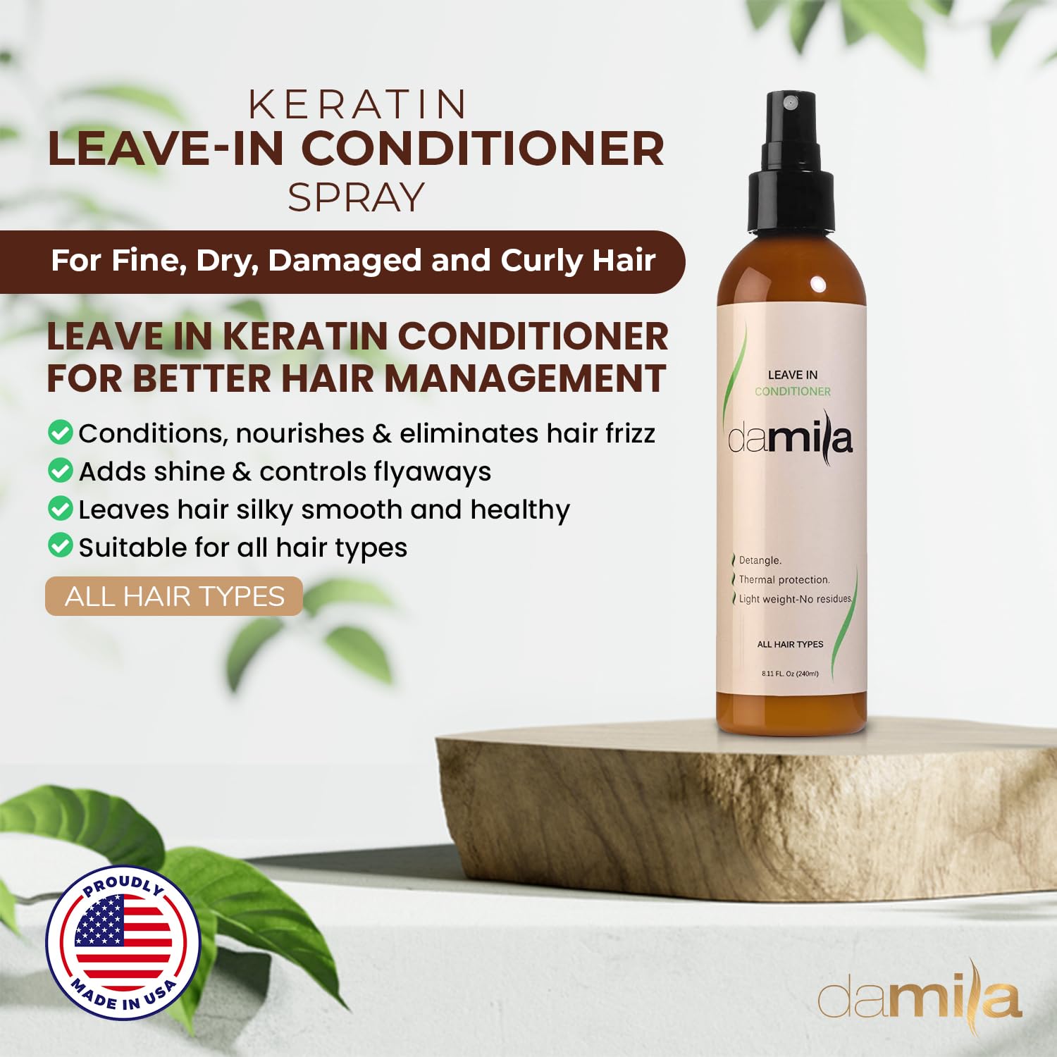 Damila Keratin Leave-In Conditioner Spray applied to wet hair for easy detangling.