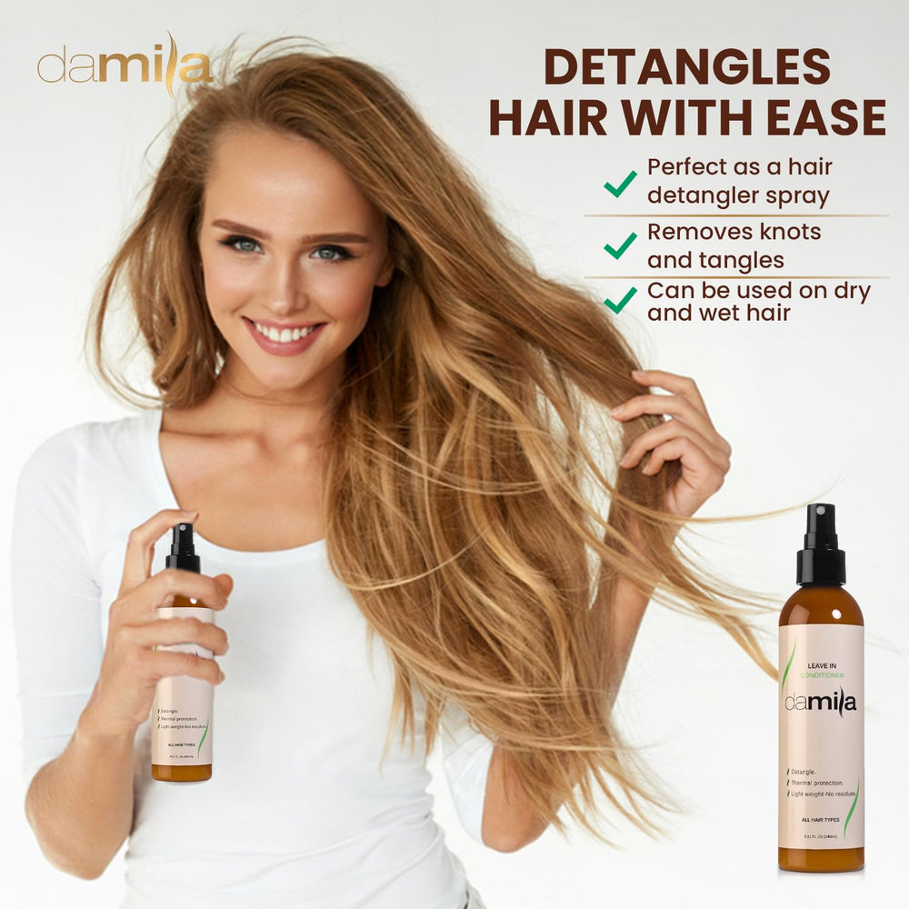 Damila Keratin Leave-In Conditioner Spray on dry hair for flyaway control and shine.