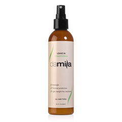Damila Keratin Leave-In Conditioner Spray bottle packaging highlighting a silky, frizz-controlled finish.