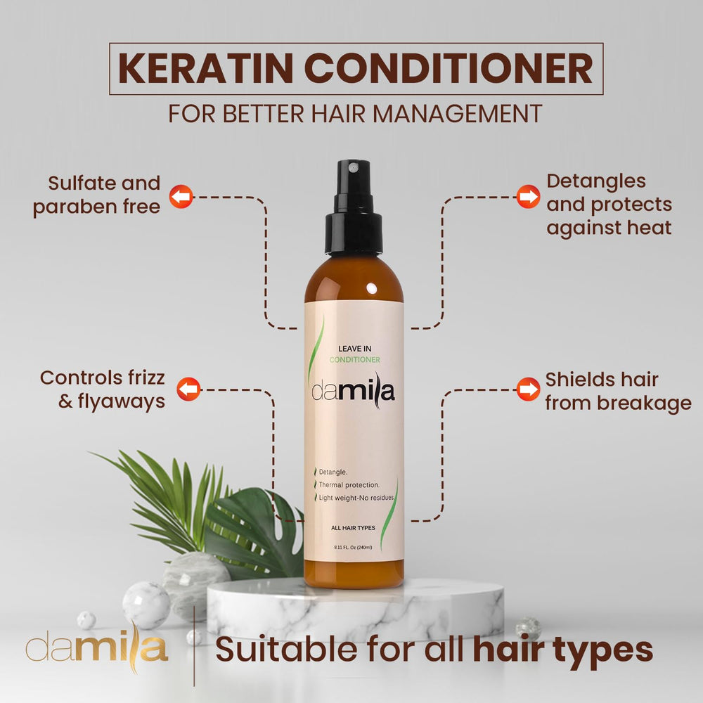 Damila Keratin Leave-In Conditioner Spray delivering a smooth, glossy texture on hair.