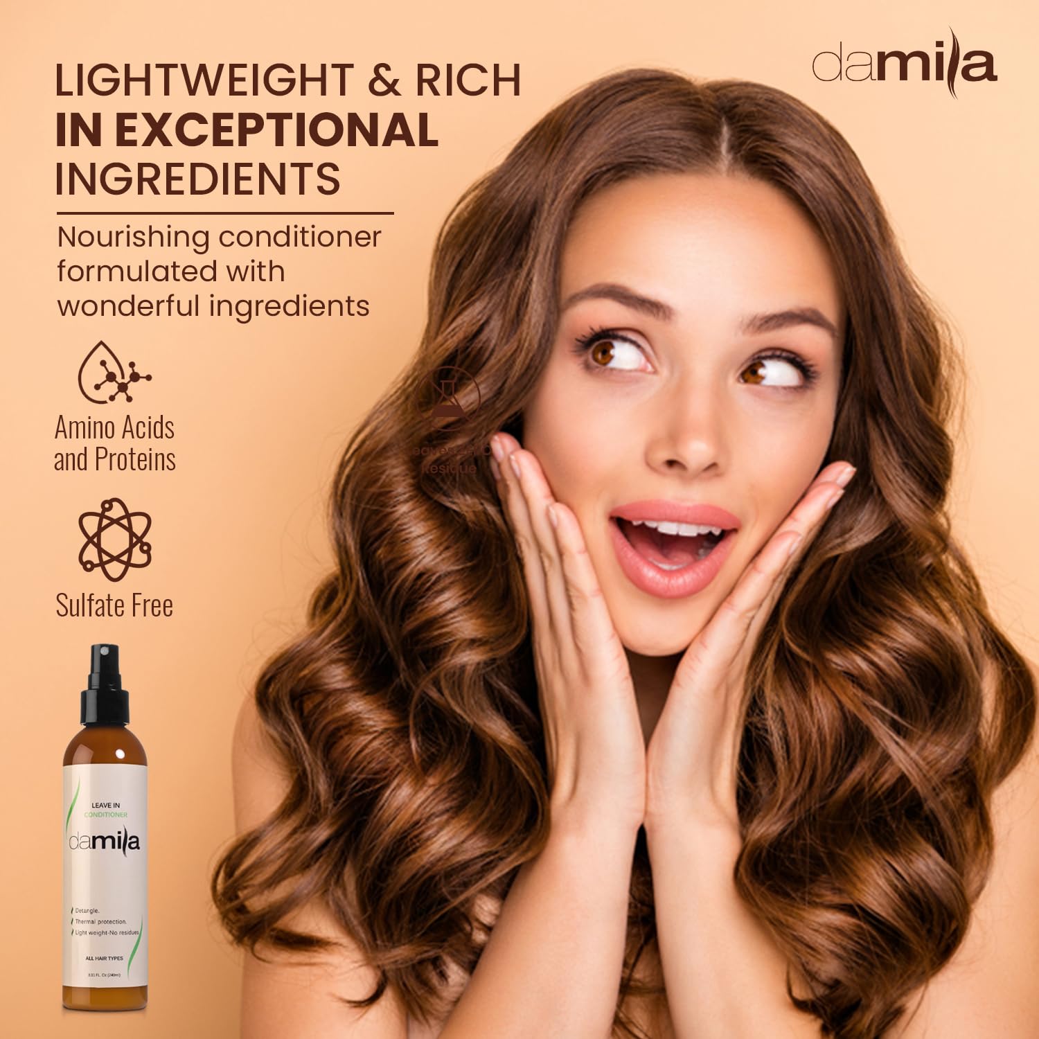 Damila Keratin Leave-In Conditioner Spray packaging emphasizes sulfate-free and paraben-free formula.