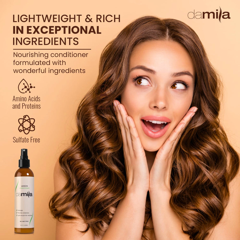 Damila Keratin Leave-In Conditioner Spray packaging emphasizes sulfate-free and paraben-free formula.