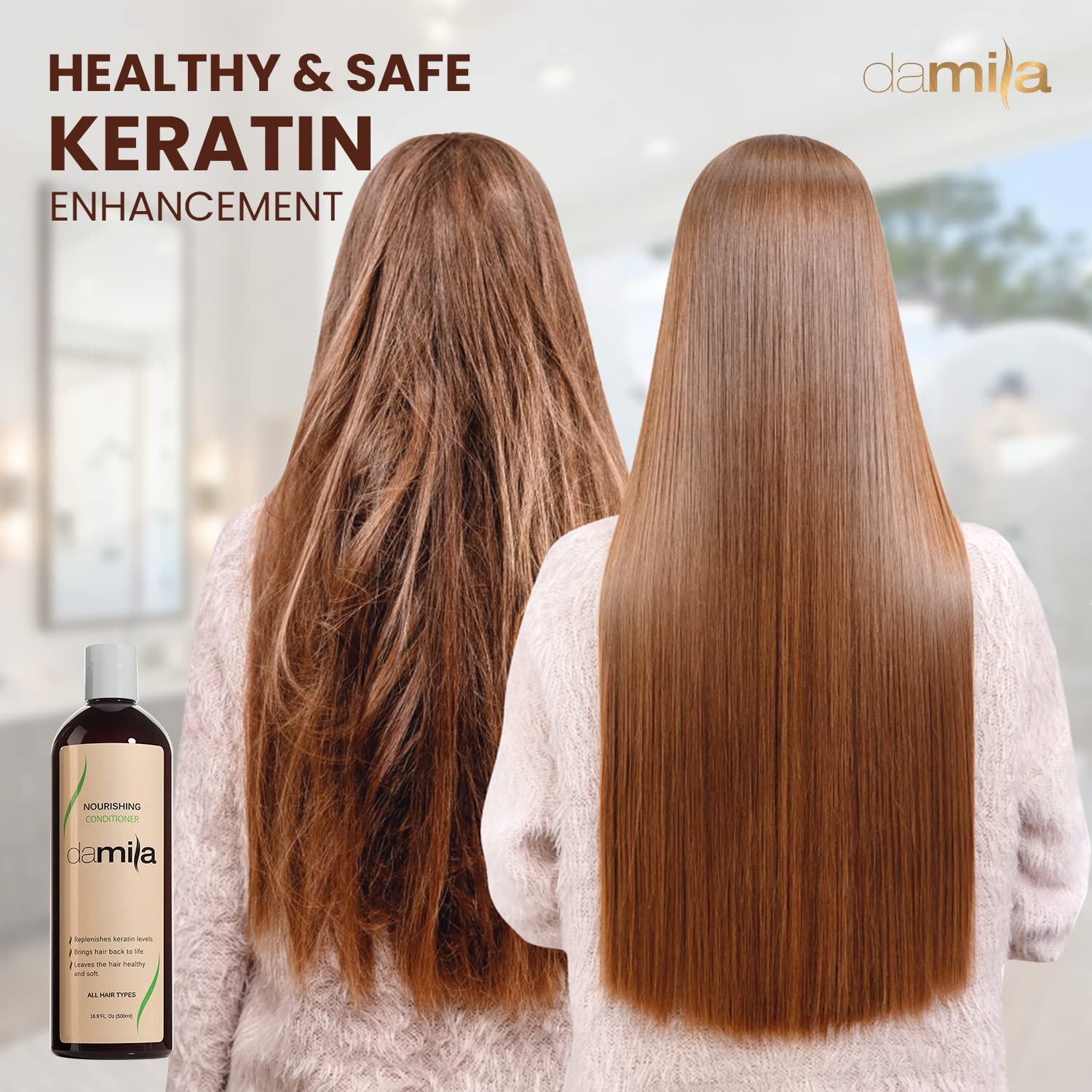 Damila packaging close-up emphasizes keratin and aloe ingredients