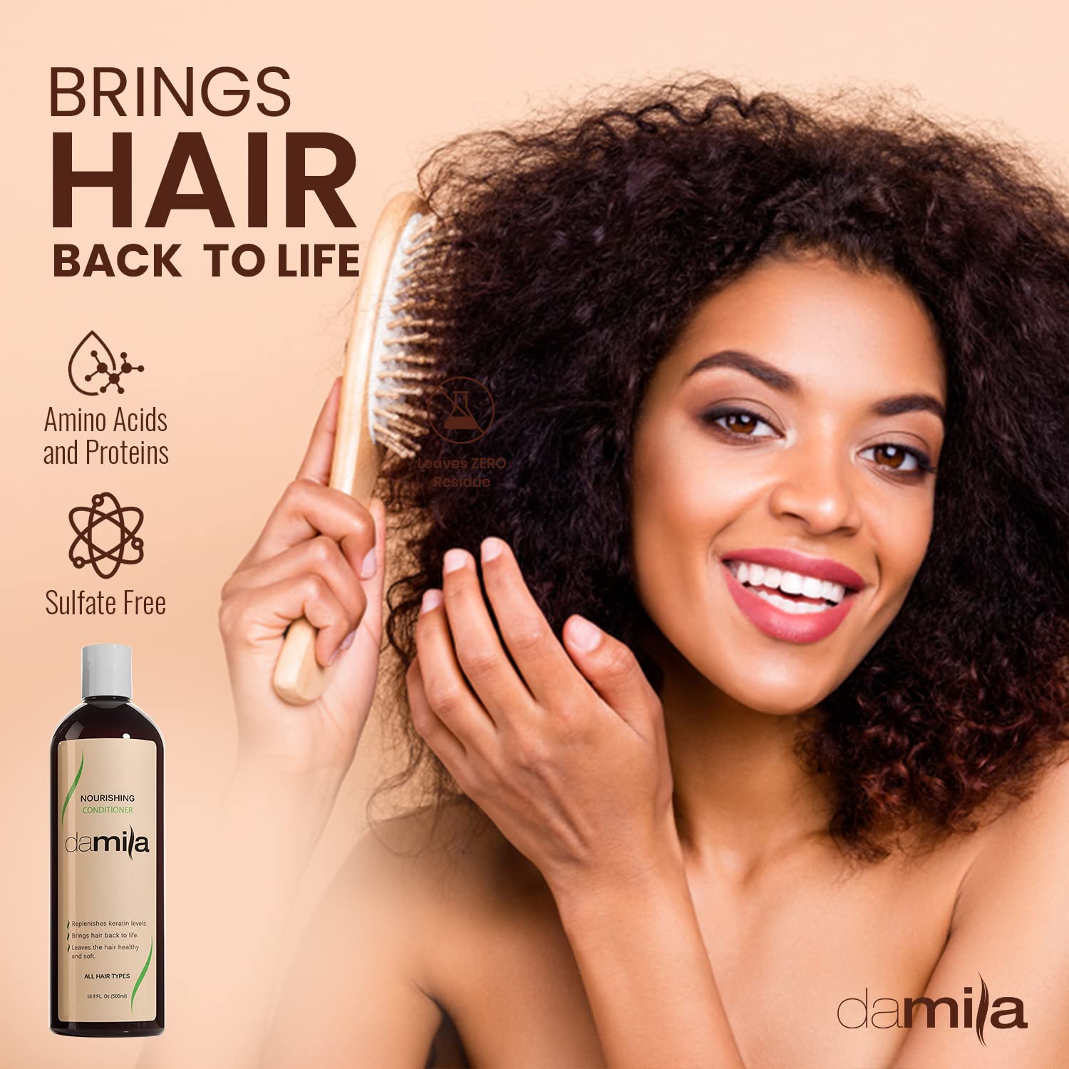 Damila Nourishing Conditioner close-up highlights smooth, hydrated ends
