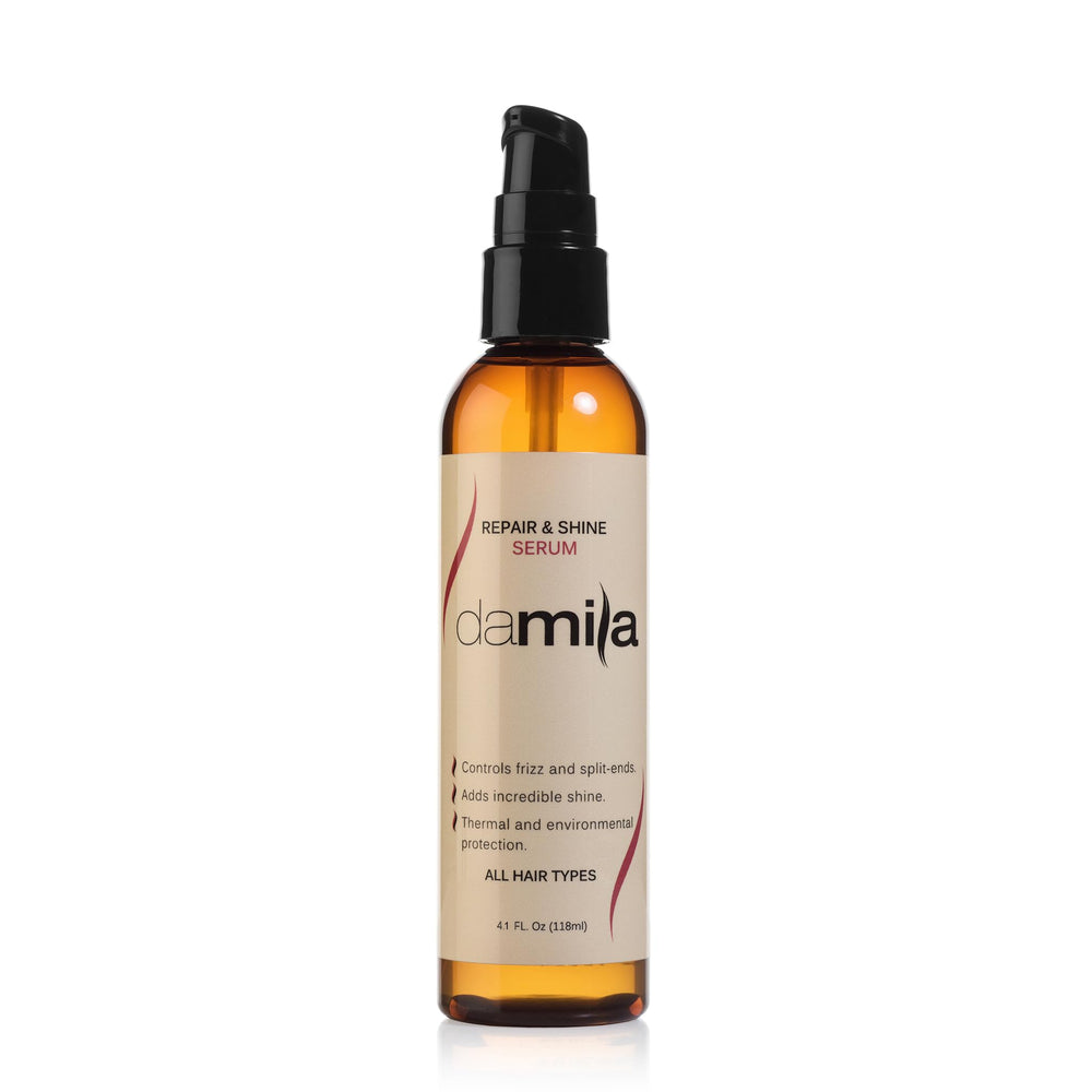 Damila Repair & Shine Serum bottle pour for easy application and smoothing.