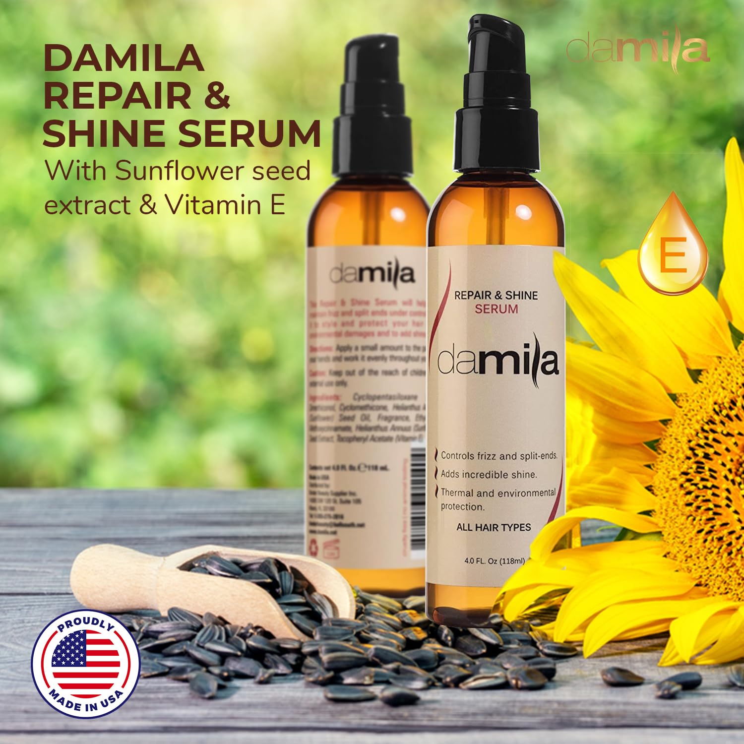 Close-up of frizz control with Damila serum in humid conditions.