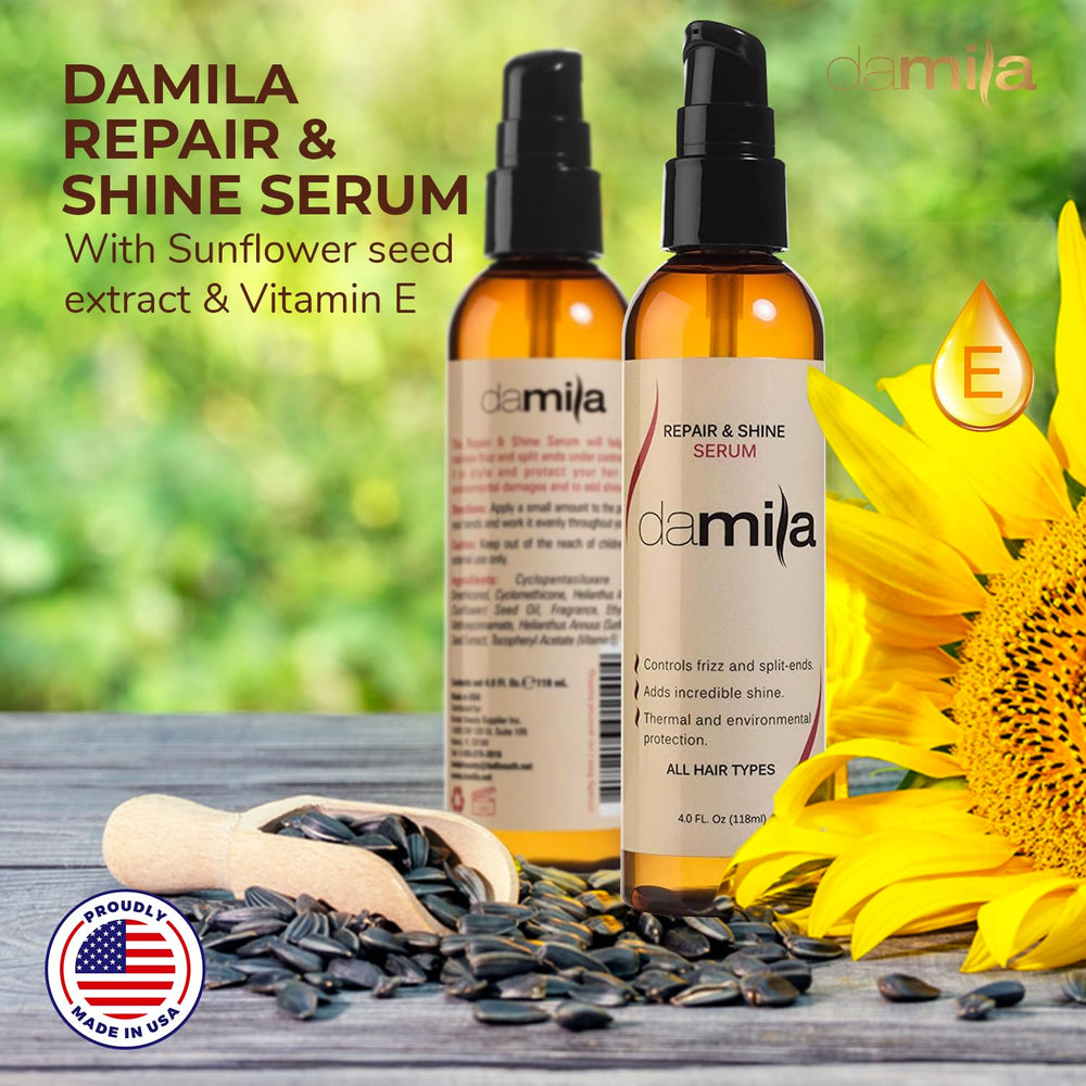 Close-up of frizz control with Damila serum in humid conditions.