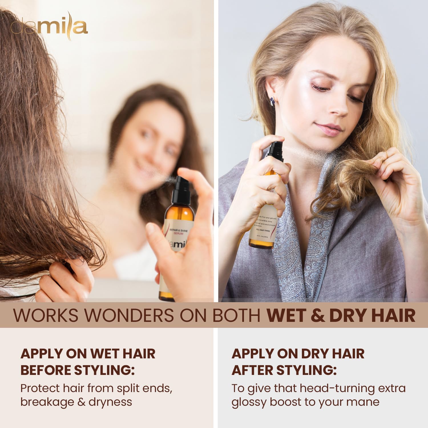 Damila serum used as heat protection during blow-drying sessions.