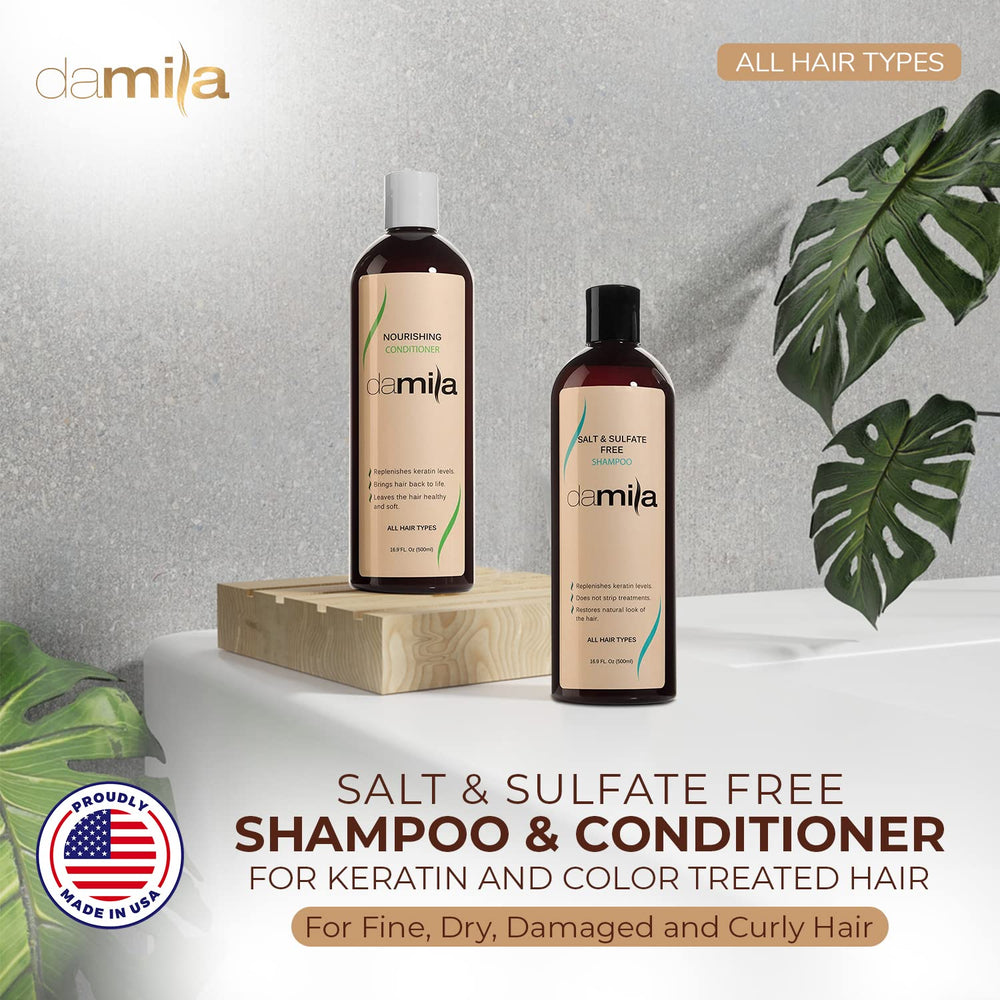 Damila conditioner bottle highlighting frizz control and moisture for color-treated hair