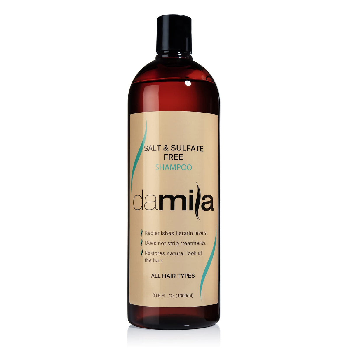 Damila salt sulfate free shampoo bottle front shows color-safe cleansing for keratin-treated hair.