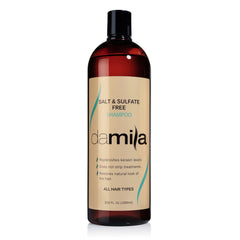 Damila salt sulfate free shampoo bottle front shows color-safe cleansing for keratin-treated hair.