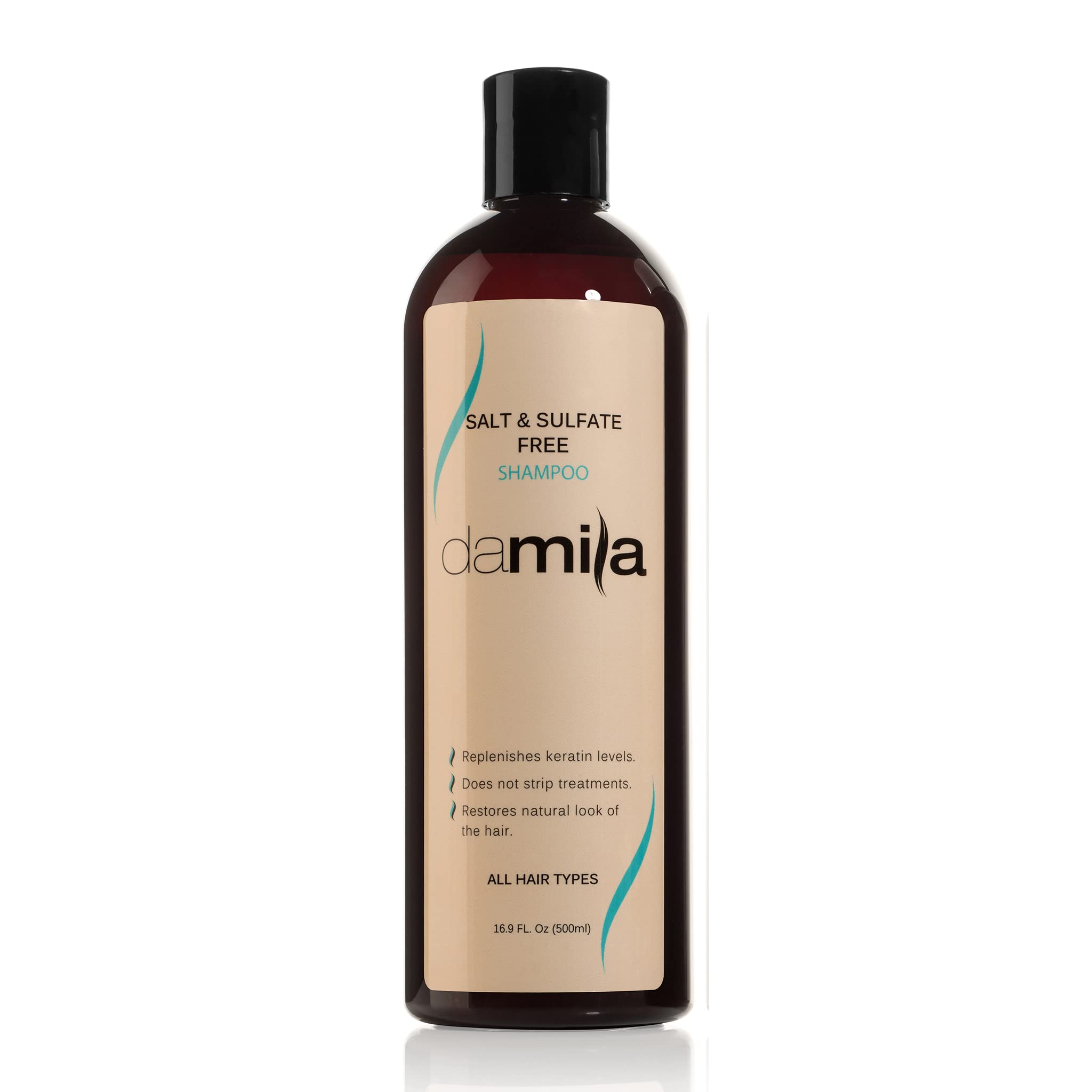 Damila shampoo bottle pour demonstrates gentle cleansing for keratin and color-treated hair.
