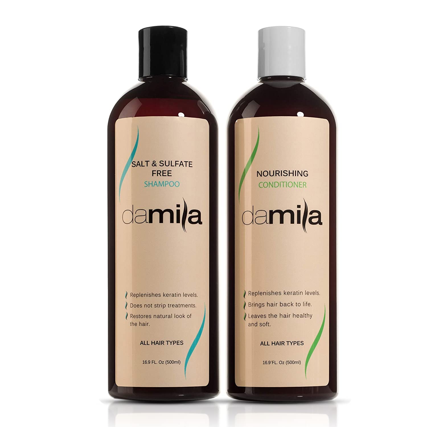 Damila shampoo bottle showing salt- and sulfate-free cleansing for color- and keratin-safe care