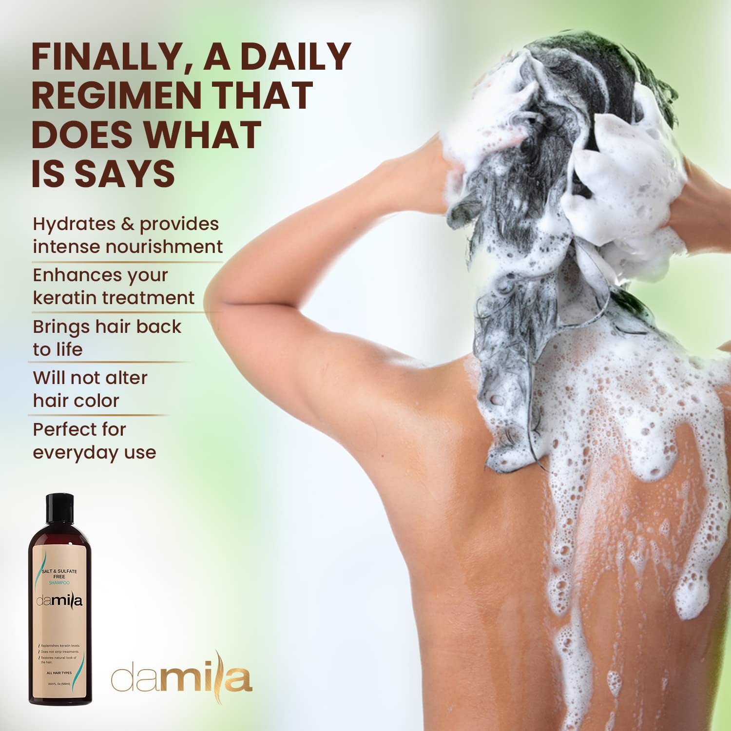 Damila shampoo color protection shot illustrates vibrancy retention during washing.