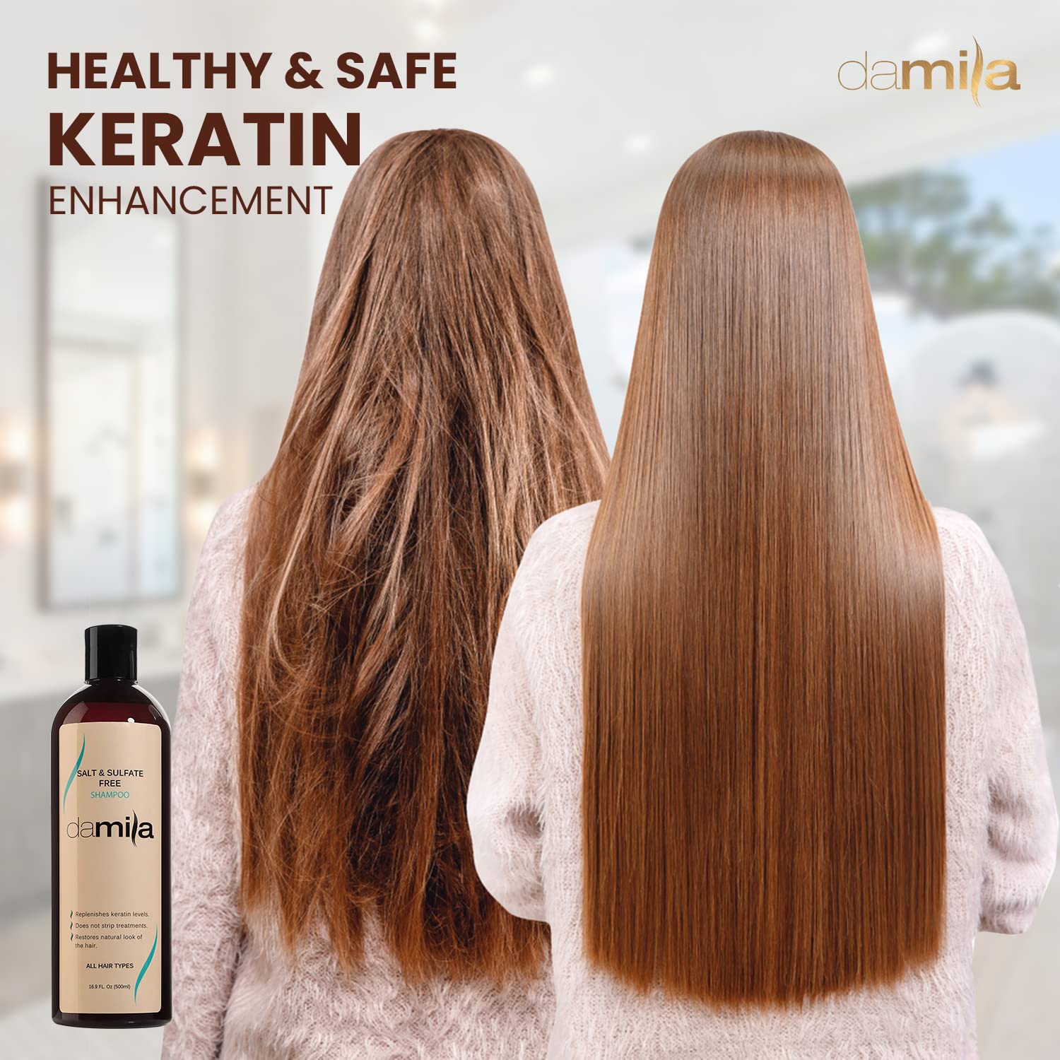 Damila shampoo frizz control angle hints at reduced flyaways.