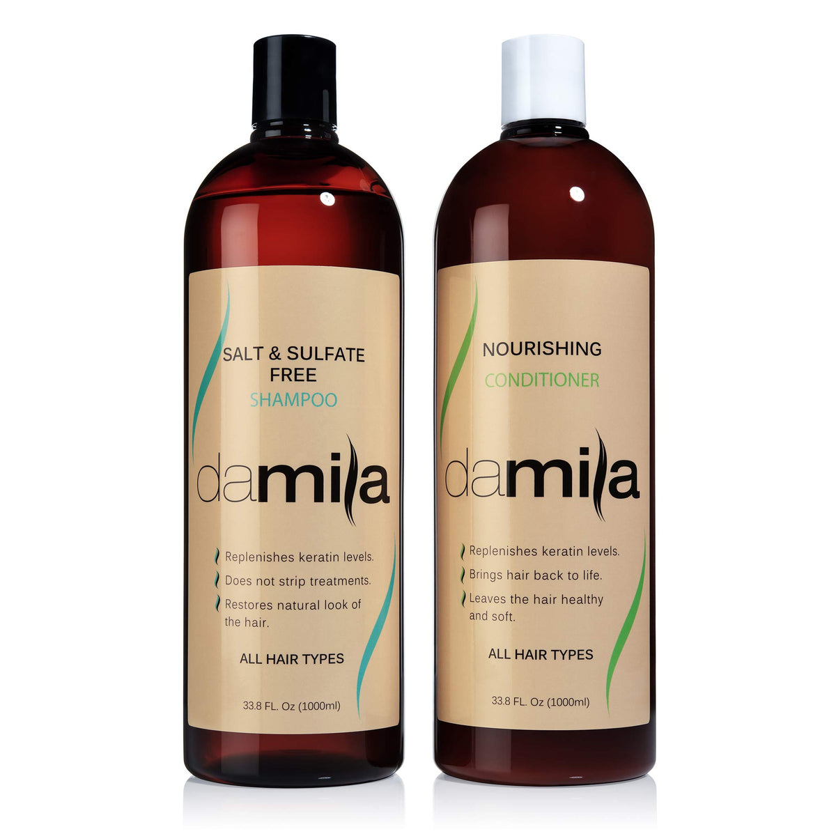 Damila shampoo bottle highlights keratin-friendly formula for color-treated hair.