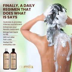 Damila shampoo lather close-up suggests gentle cleansing without harsh salts.