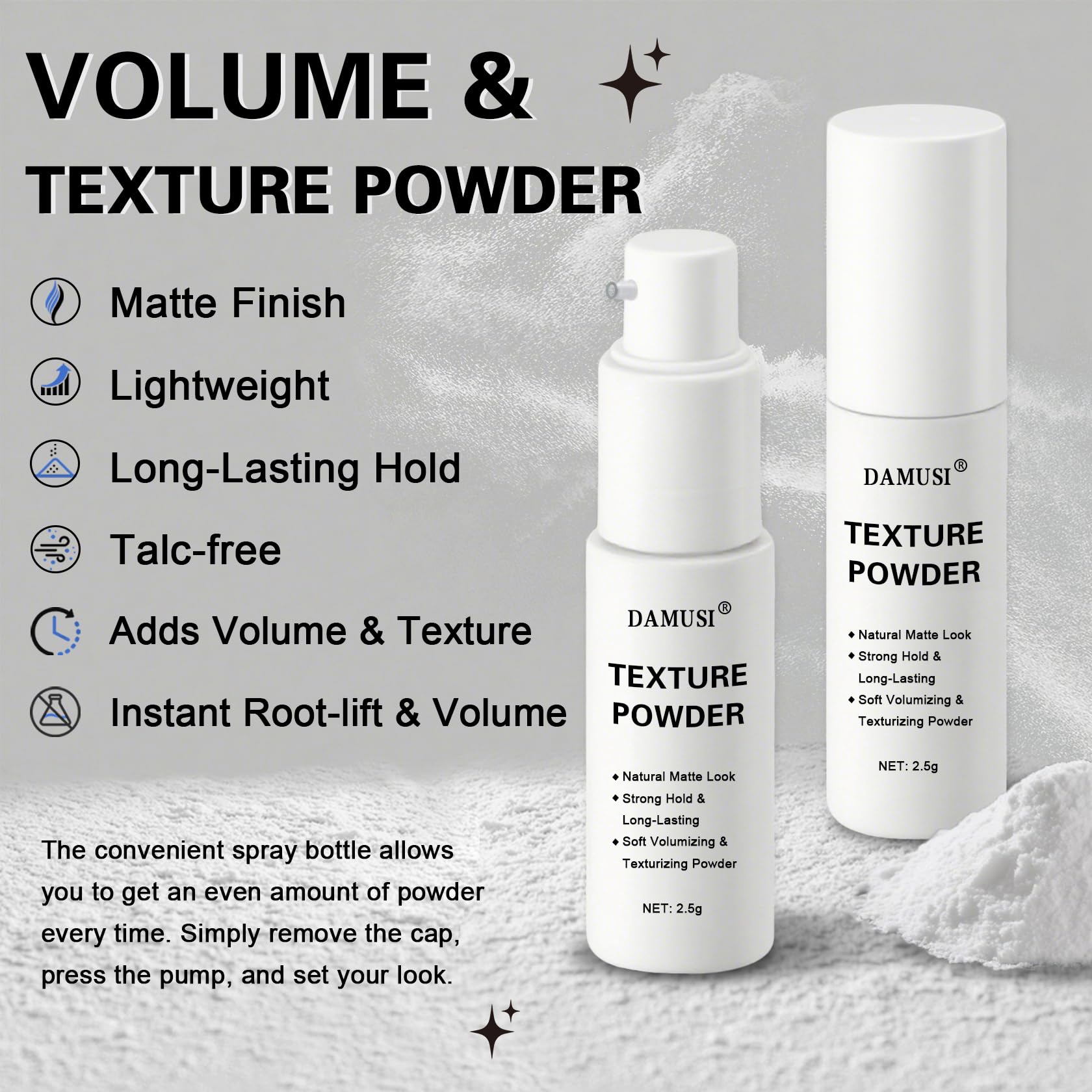 DAMUSI texture powder application at roots delivering quick volume.