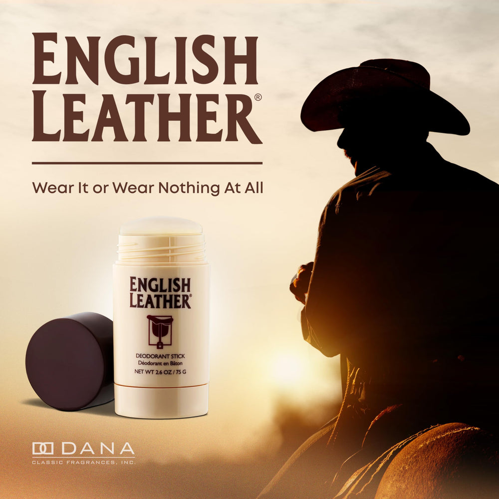 Dana English Leather deodorant stick being applied for daily freshness.