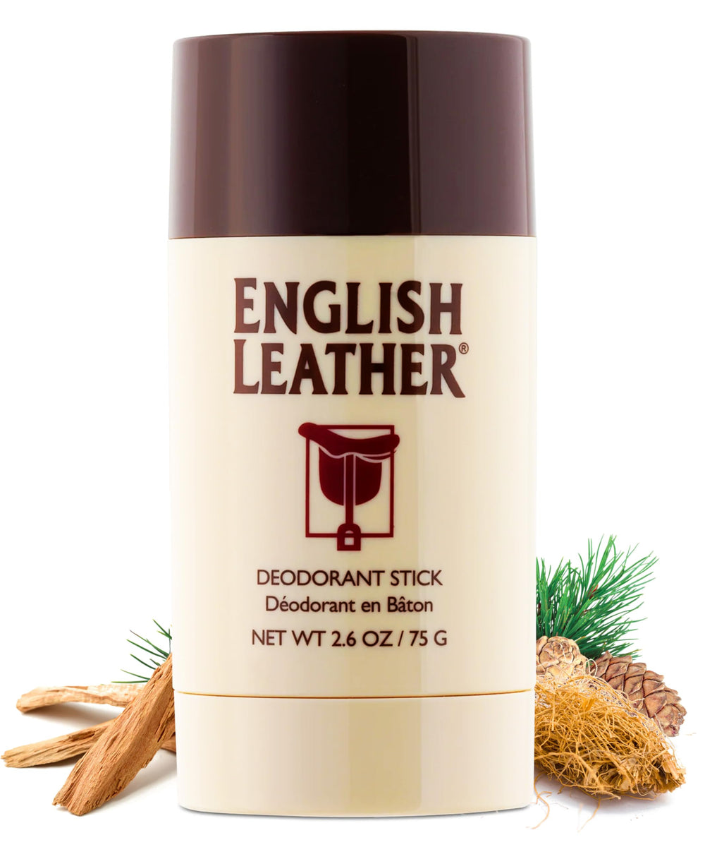 Dana English Leather deodorant stick closeup highlighting long-lasting scent.