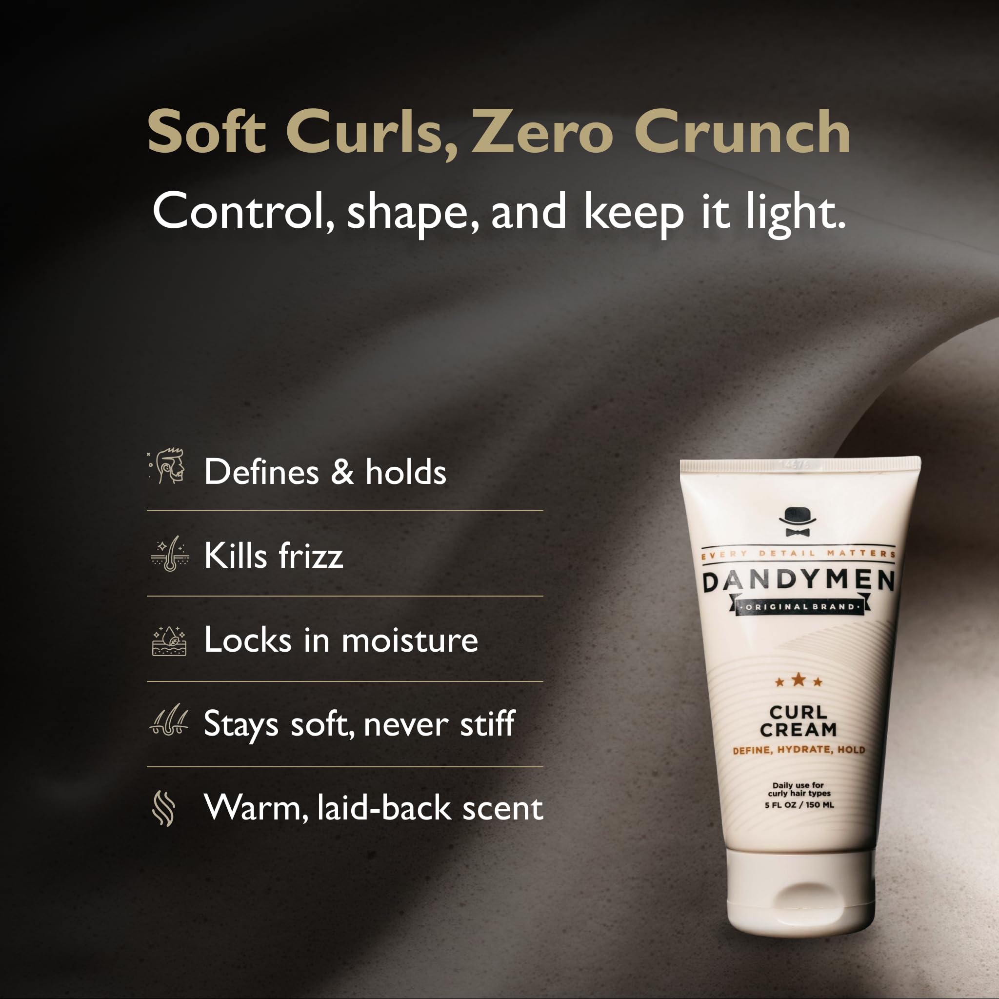 DandyMen Curl Cream is applied to damp hair for frizz control and shaping.