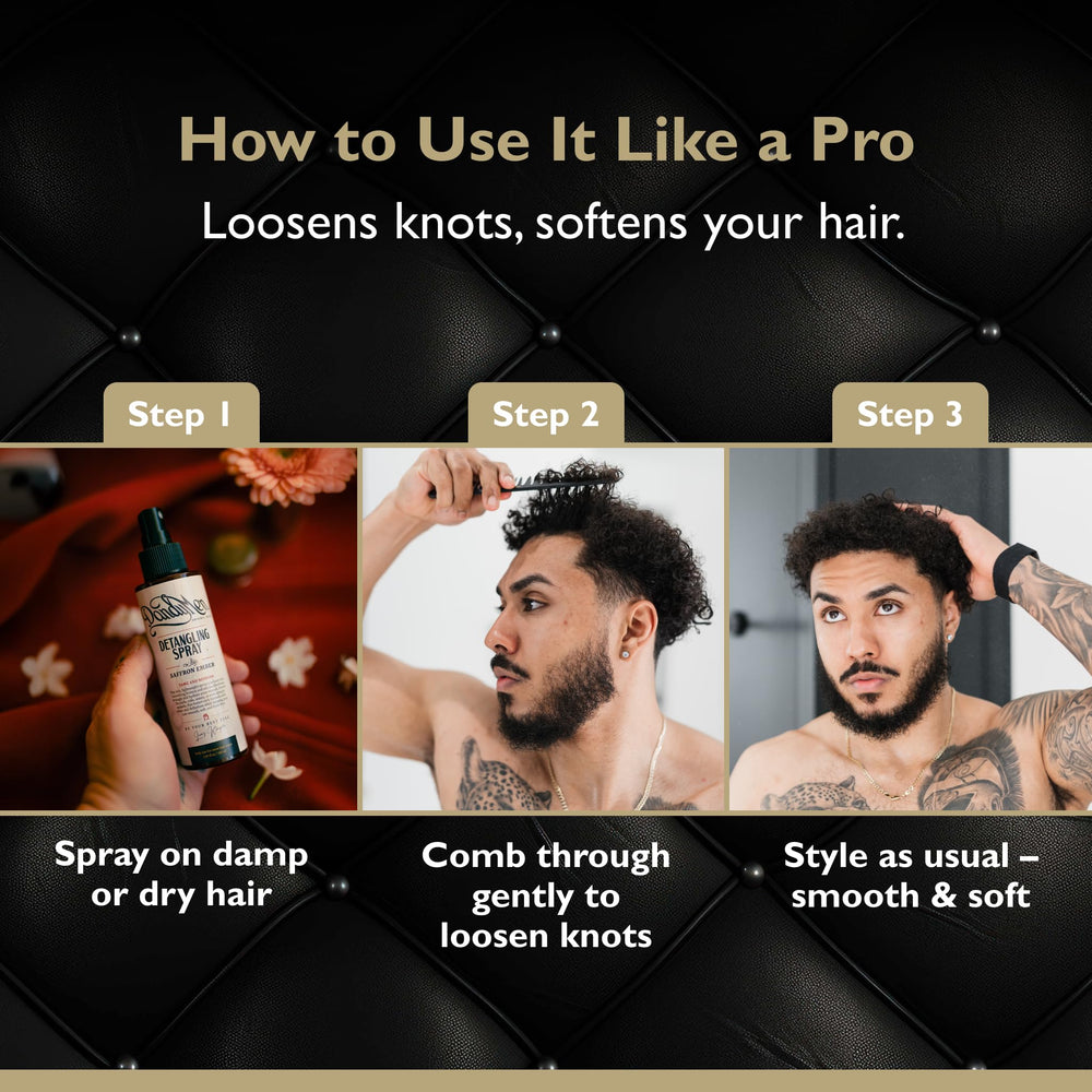 DandyMen Detangling Spray used on damp hair for quick detangling.