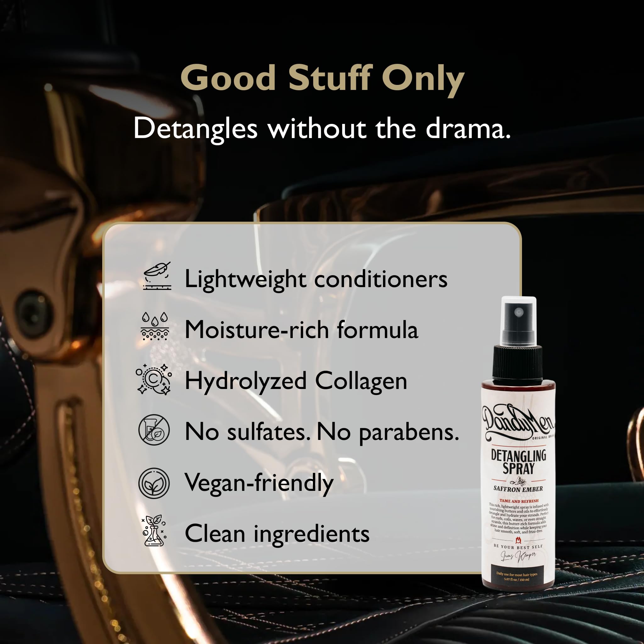 DandyMen Detangling Spray packaging with size and branding visible.
