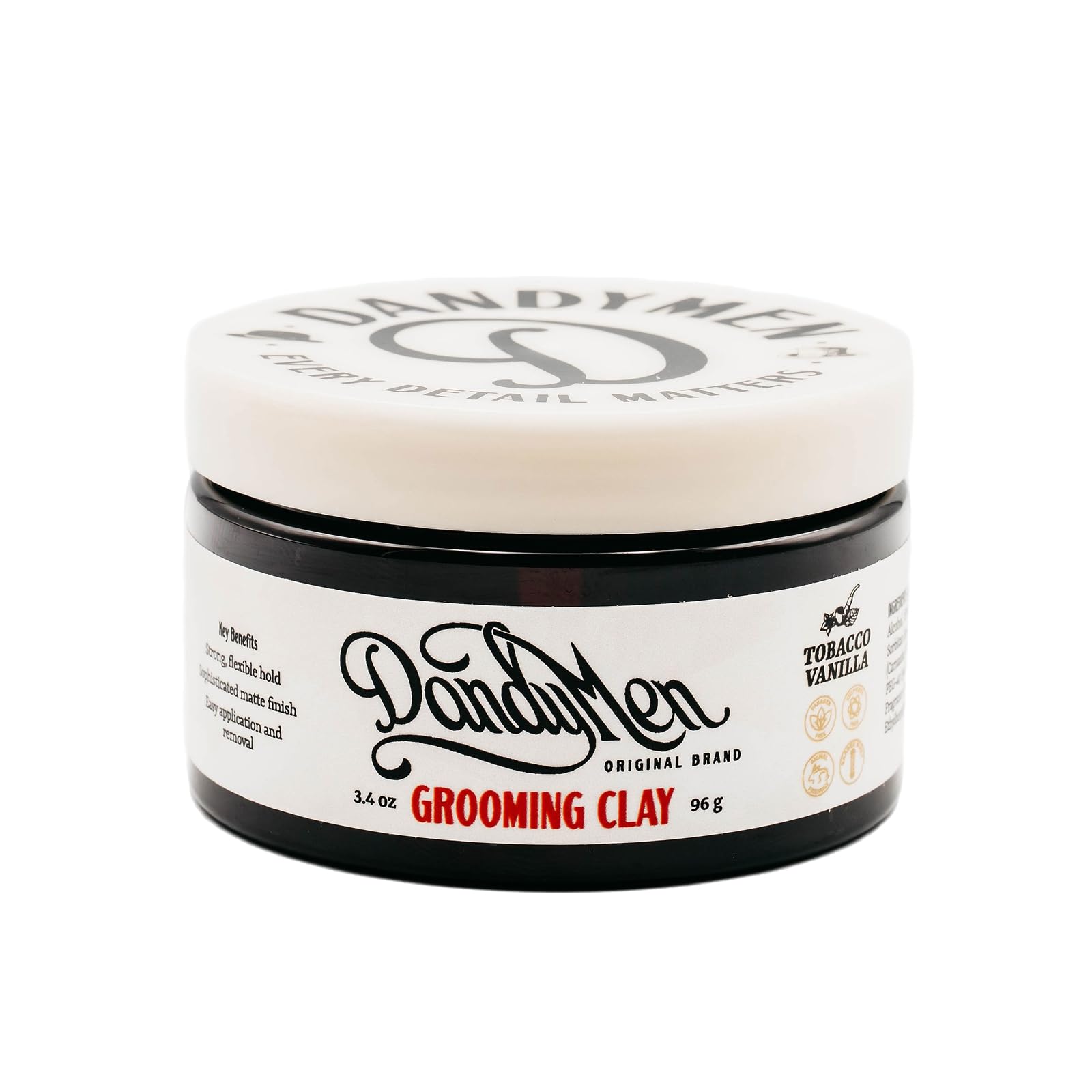 DandyMen Grooming Clay bottle shows strong all-day hold.