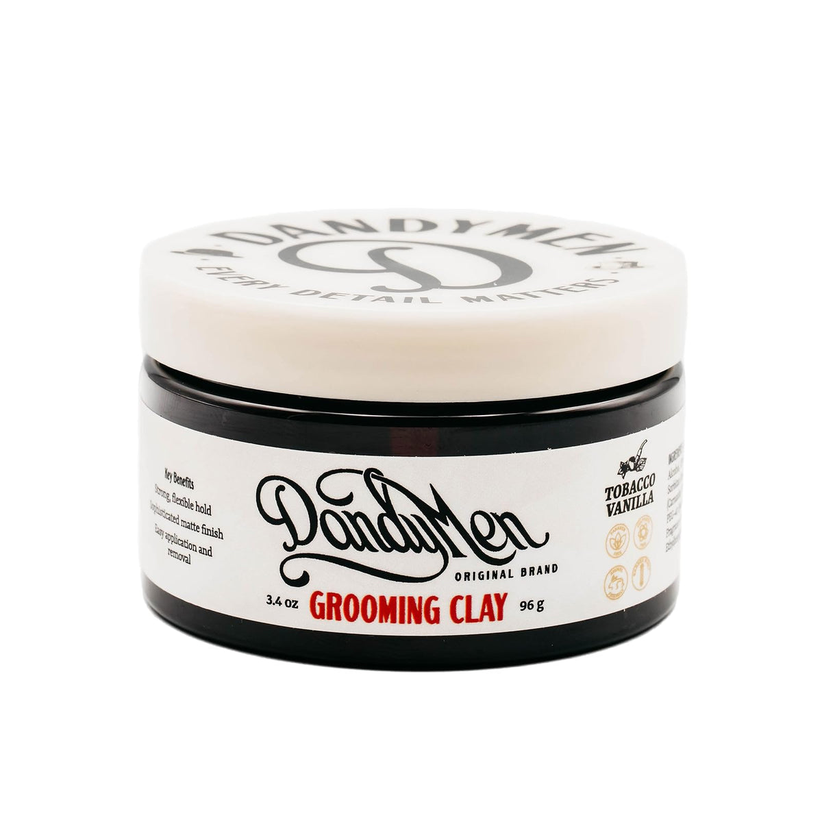 DandyMen Grooming Clay bottle shows strong all-day hold.