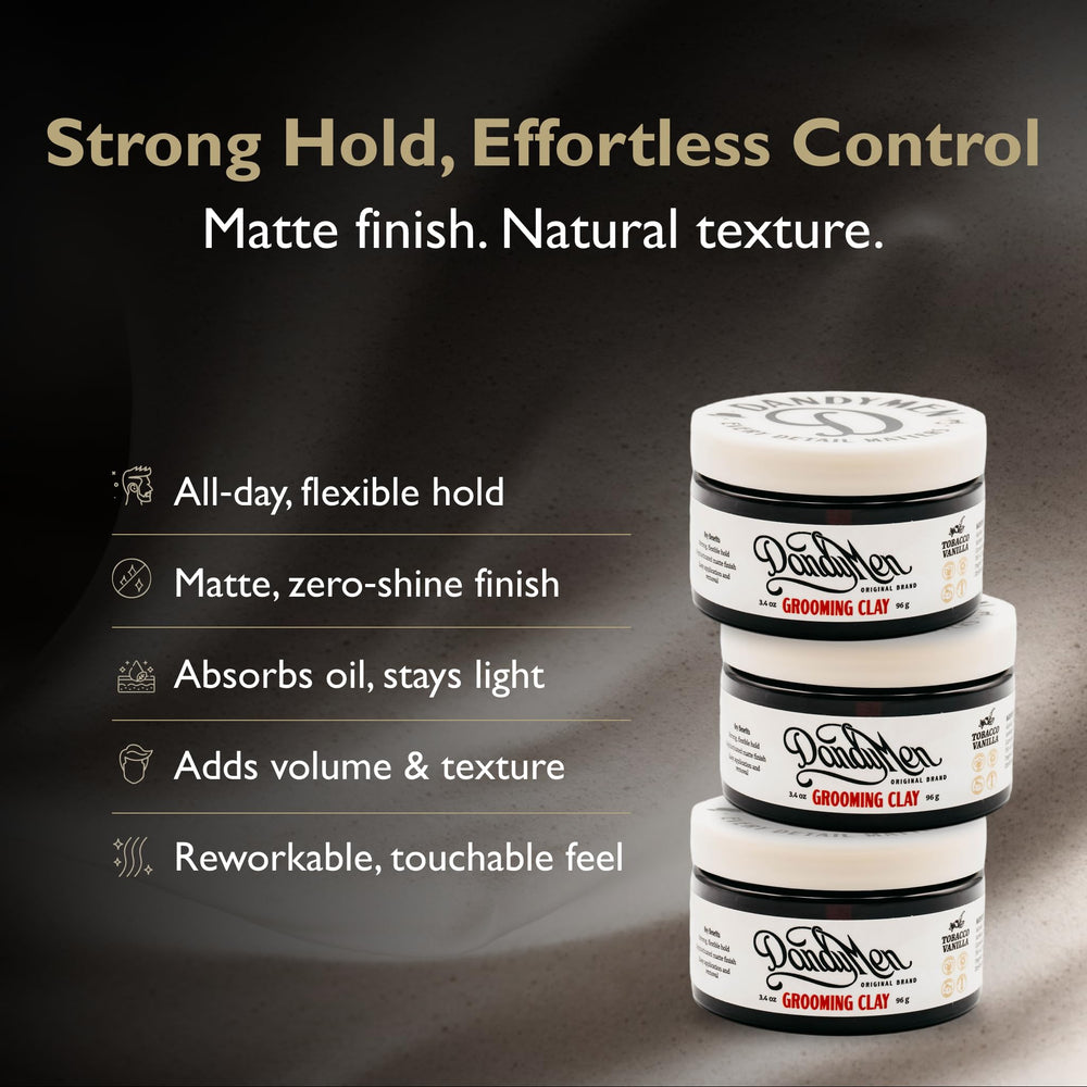 DandyMen Grooming Clay texture hands demonstrates flexible styling and texture.