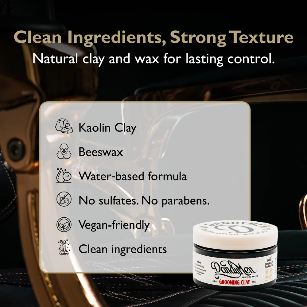 DandyMen Grooming Clay tobacco vanilla scent adds masculine warmth without overpowering.