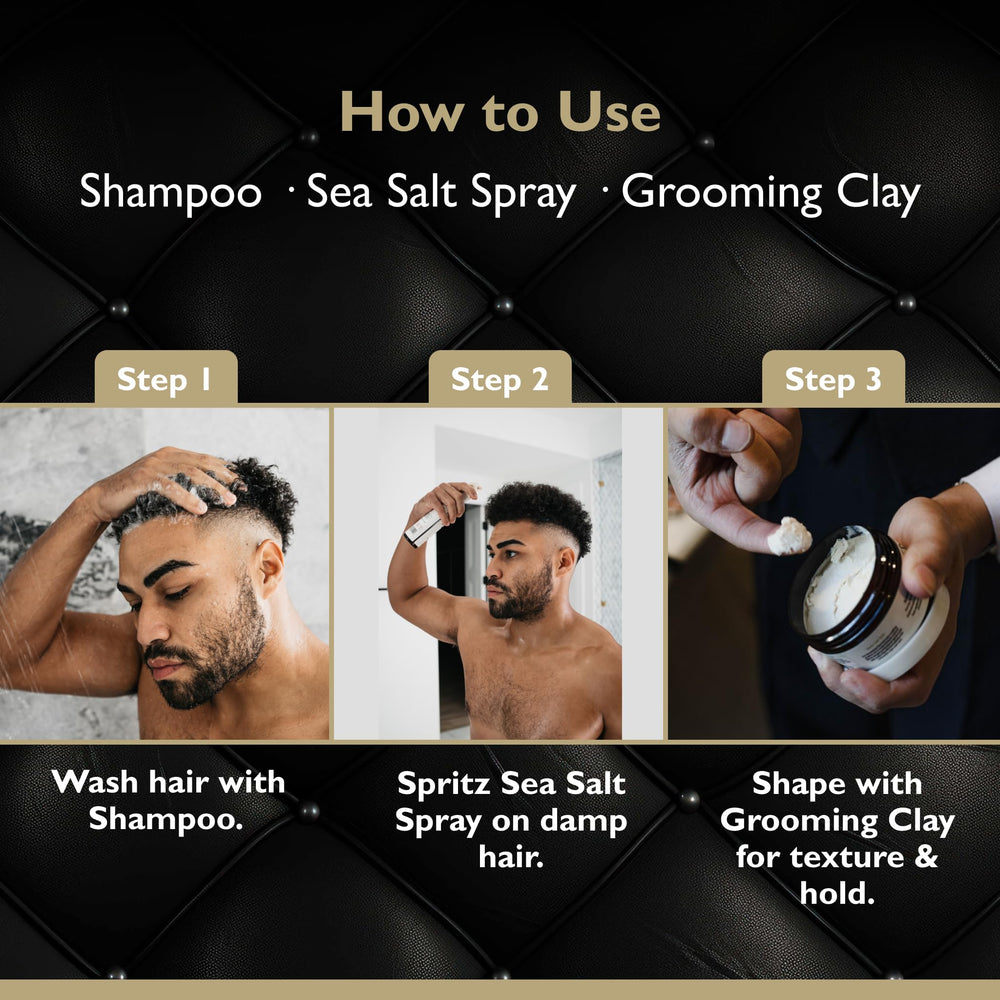 DandyMen hair care kit box arranged with three products for daily routine.